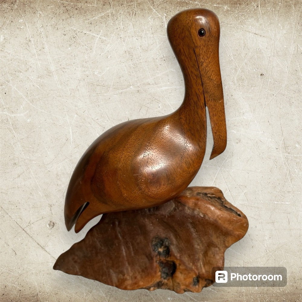 Walnut Wood Hand Carved Pelican on Natural Wood Stand Sculpture Figurine, Signed